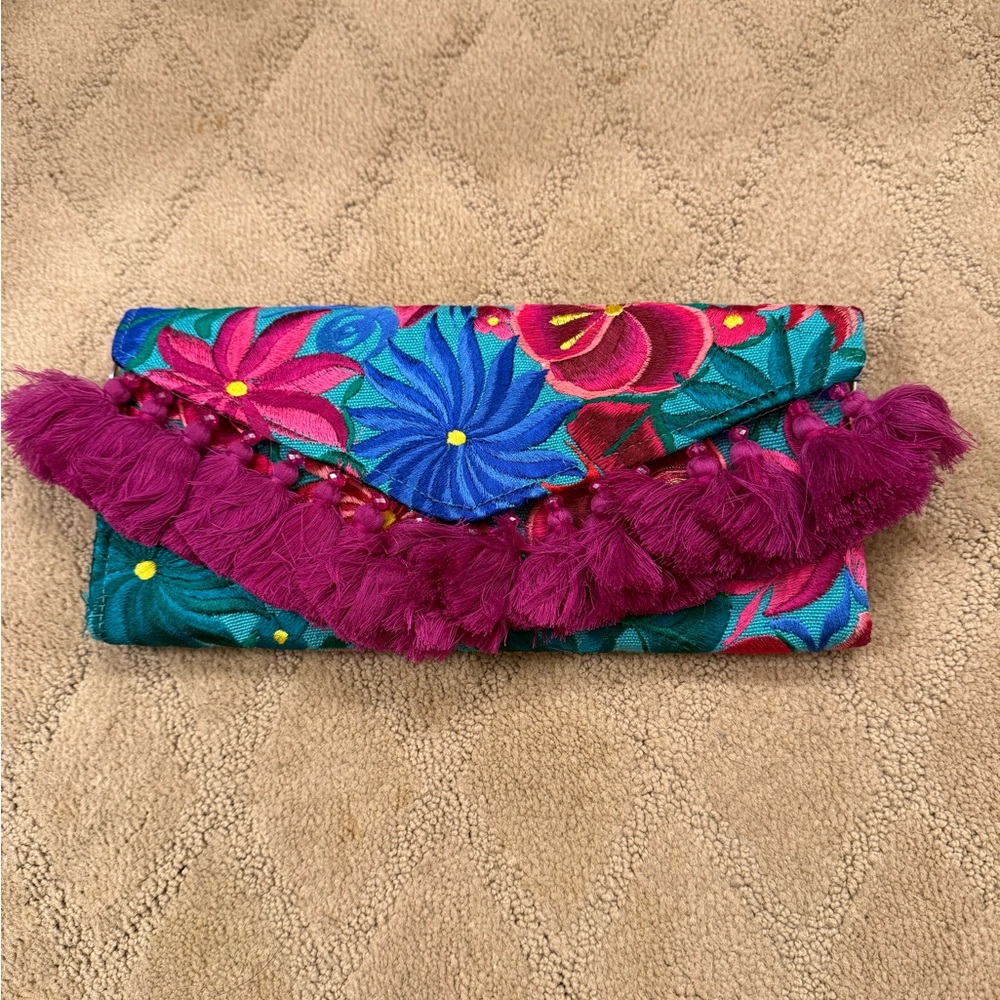 Beautiful Embroidered Floral Clutch with Tassels